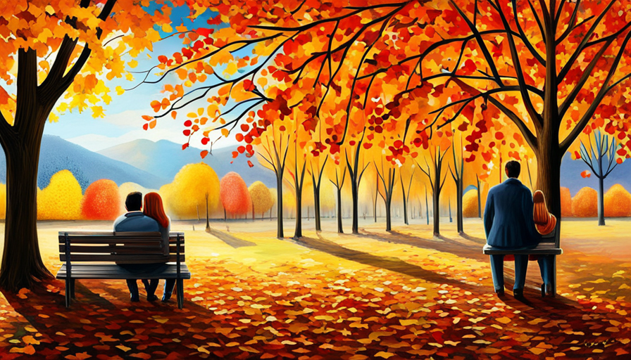 an image that portrays a caring boyfriend gently holding his girlfriend's hand, while she looks puzzled and thoughtful, as they sit on a park bench surrounded by vibrant autumn leaves