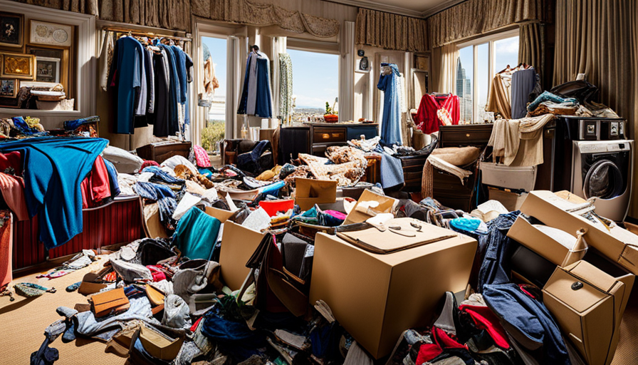 an image showcasing a cluttered living room, with clothes strewn across the couch, dishes piled up on the coffee table, and a mountain of dirty laundry overflowing from a hamper