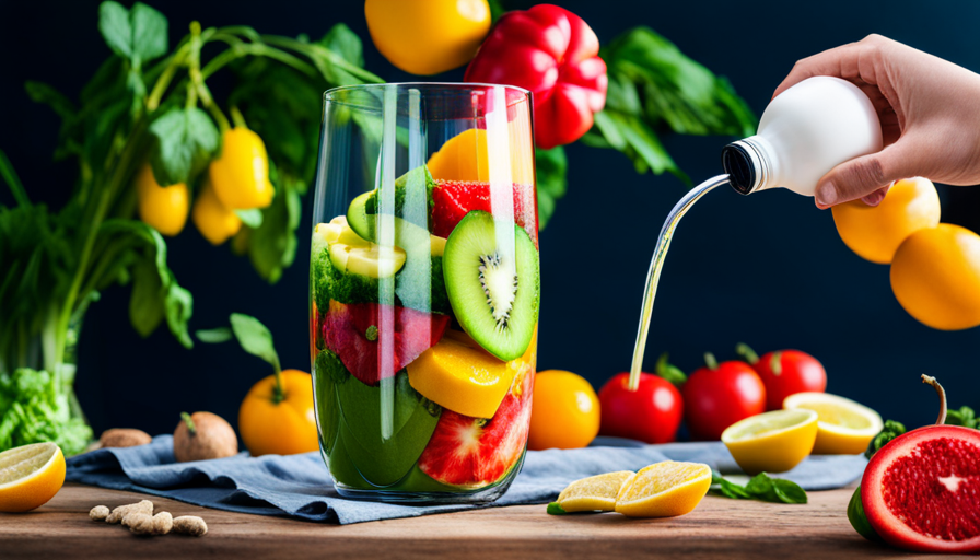 an image showcasing a vibrant, green smoothie surrounded by colorful fruits and vegetables