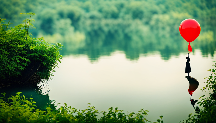 an image of a person standing at the edge of a serene lake, surrounded by lush greenery