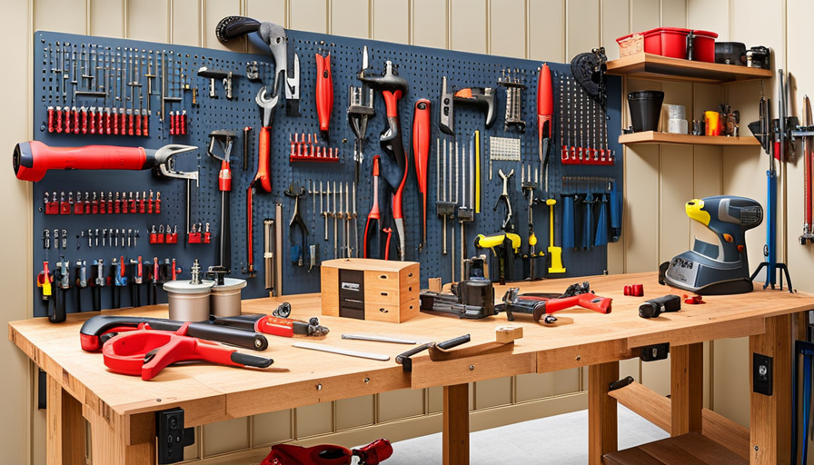 an image capturing a perfectly organized workbench: neatly arranged tools hung on a pegboard, labeled containers holding screws, nails, and bolts, a sturdy workbench surface with a well-ordered layout of tools, and a clutter-free surrounding area