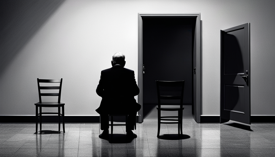 an image depicting a solitary figure sitting in a dimly-lit room, surrounded by empty chairs and a closed door