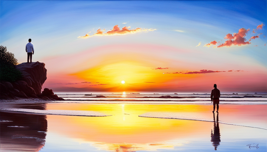 an image showcasing a serene sunrise over a vast ocean, with a lone figure standing on a beach, gazing at the horizon, symbolizing the patience and journey of manifestation