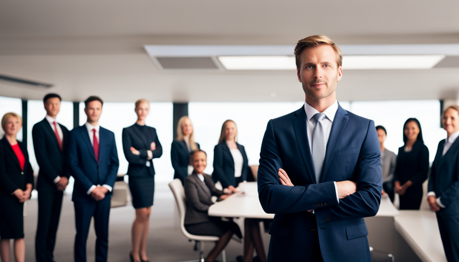 an image featuring a confident individual standing at the front of a boardroom, surrounded by engaged professionals