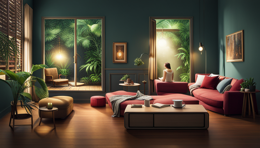 an image showcasing a cozy, dimly-lit room with a solitary individual engrossed in a book, surrounded by plants and soft cushions