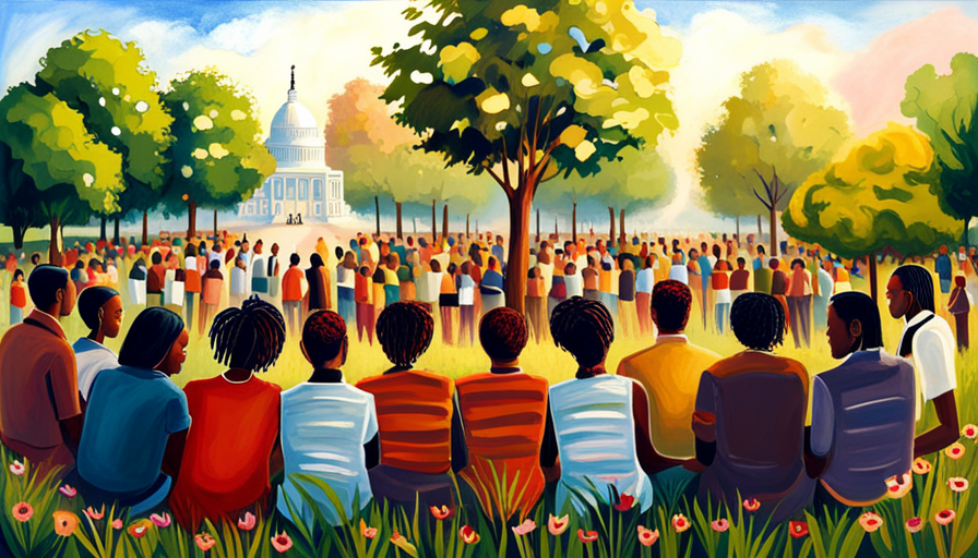 an image showcasing a diverse group of passionate individuals gathered in a park, actively engaged in a community project