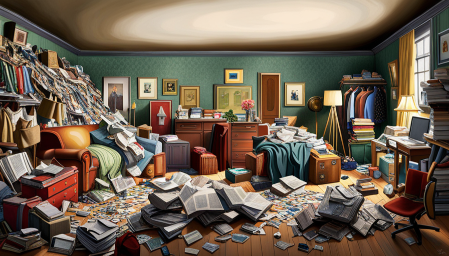 an image that portrays a cluttered living room, filled with stacks of newspapers, towering piles of clothes, and shelves overflowing with objects, emphasizing the overwhelming chaos and challenges of coping with a parent who hoards