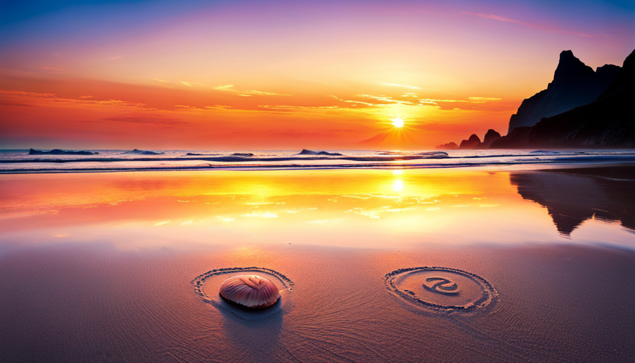 an image showcasing a calm, serene beach at sunset, with a cancer zodiac symbol delicately etched on a seashell