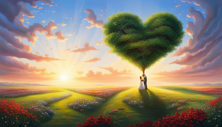 an image showcasing a serene garden scene with a heart-shaped tree, symbolizing love, shattered into two separate trees, illustrating the emotional turmoil of a woman dealing with a cheating husband