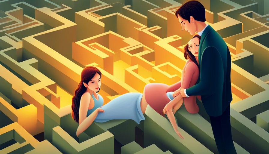 an image depicting a caring boyfriend gently holding his girlfriend's hand, while a colorful maze symbolizes her confusion