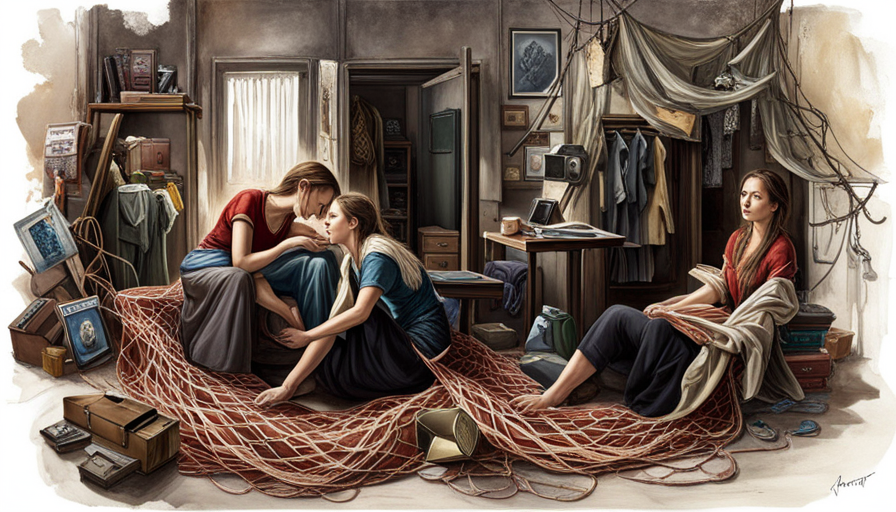an image showing two roommates in a cluttered space, one struggling to break free from a web of tangled strings symbolizing control, while the other holds a pair of scissors, representing empowerment and freedom