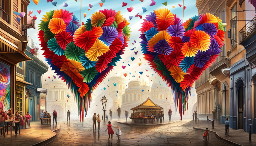 an image of a shattered heart-shaped piñata suspended in mid-air, surrounded by a swirling vortex of vibrant, chaotic colors