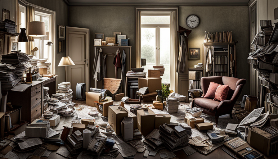 an image capturing a cluttered living room: a maze of towering stacks of newspapers, overflowing boxes, and dusty knick-knacks
