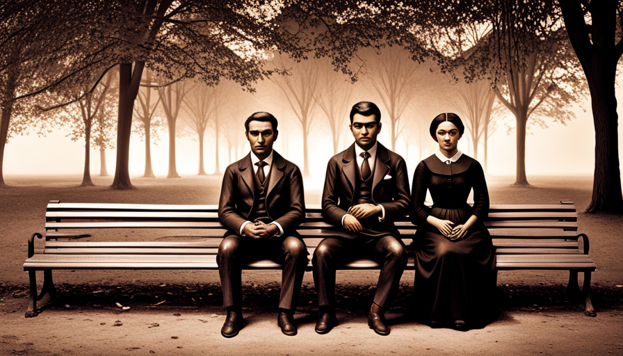 an image depicting a couple sitting on a park bench, the girlfriend scowling with crossed arms, while the boyfriend wears a compassionate expression, offering her a flower as a gesture of understanding and love