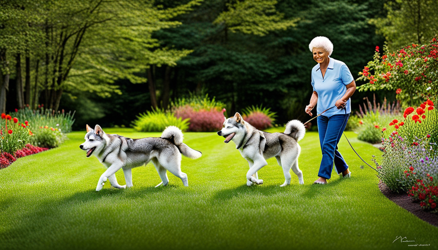 an image of a serene backyard scene, with a confident owner calmly leading a husky on a leash, while the dog maintains relaxed body language