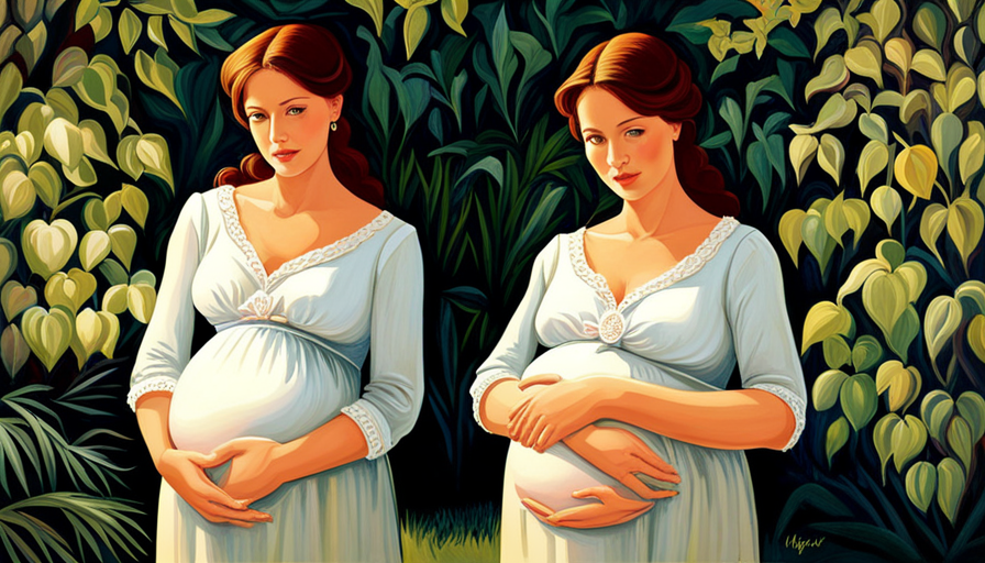 an image portraying a pregnant woman surrounded by a lush garden, appearing serene and confident, while her husband stands in the shadows, arms crossed, with a questioning expression on his face