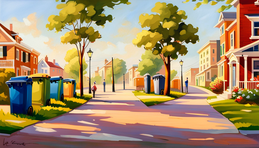 an image depicting a serene suburban neighborhood with a row of overflowing trash bins, showcasing litter scattered across lawns, sidewalks, and streets, illustrating the issue of littering neighbors