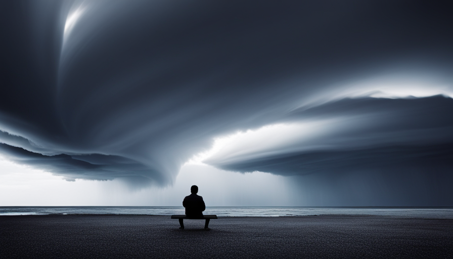 an image capturing a person sitting alone on a swing, their body tense, surrounded by a chaotic storm of swirling dark clouds, symbolizing internal anxiety triggers