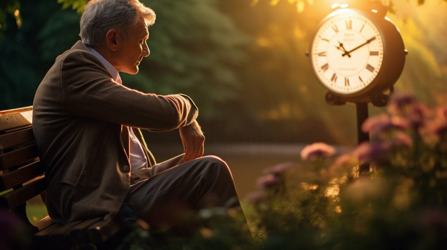 man holding a clock while sitting on a bench