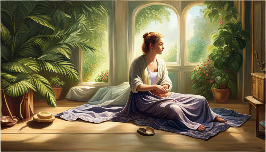 an image featuring a serene, sunlit room with a person sitting cross-legged on a cushion, eyes closed, surrounded by lush plants