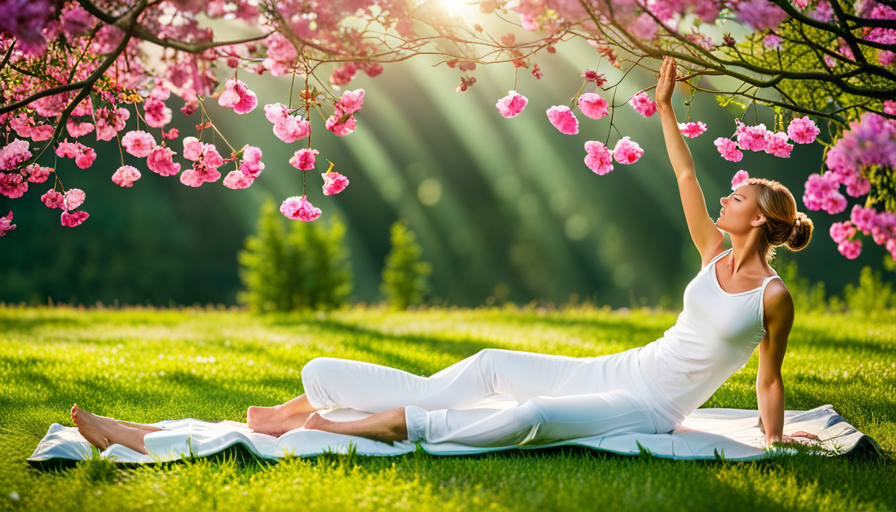 an image showcasing a serene setting, with a person lying on a yoga mat in a lush green meadow, surrounded by blooming flowers, as they practice progressive muscle relaxation techniques, releasing tension and finding inner calm