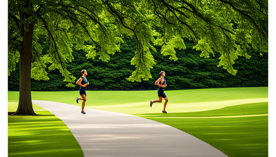 an image of a serene park setting, where a jogger is found immersed in nature, surrounded by lush greenery